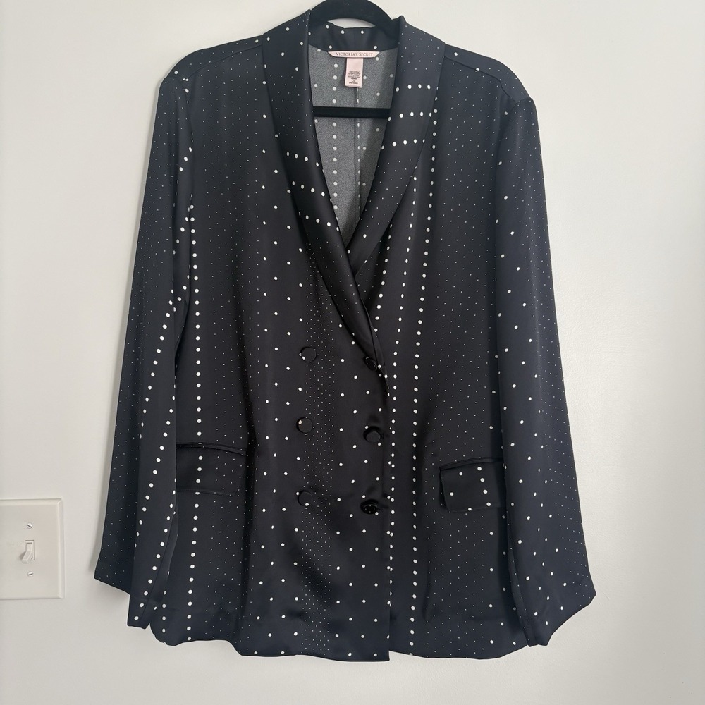 Victorias Secret Oversized Double Breasted Blazer Black Polka Dot Satin Womens L